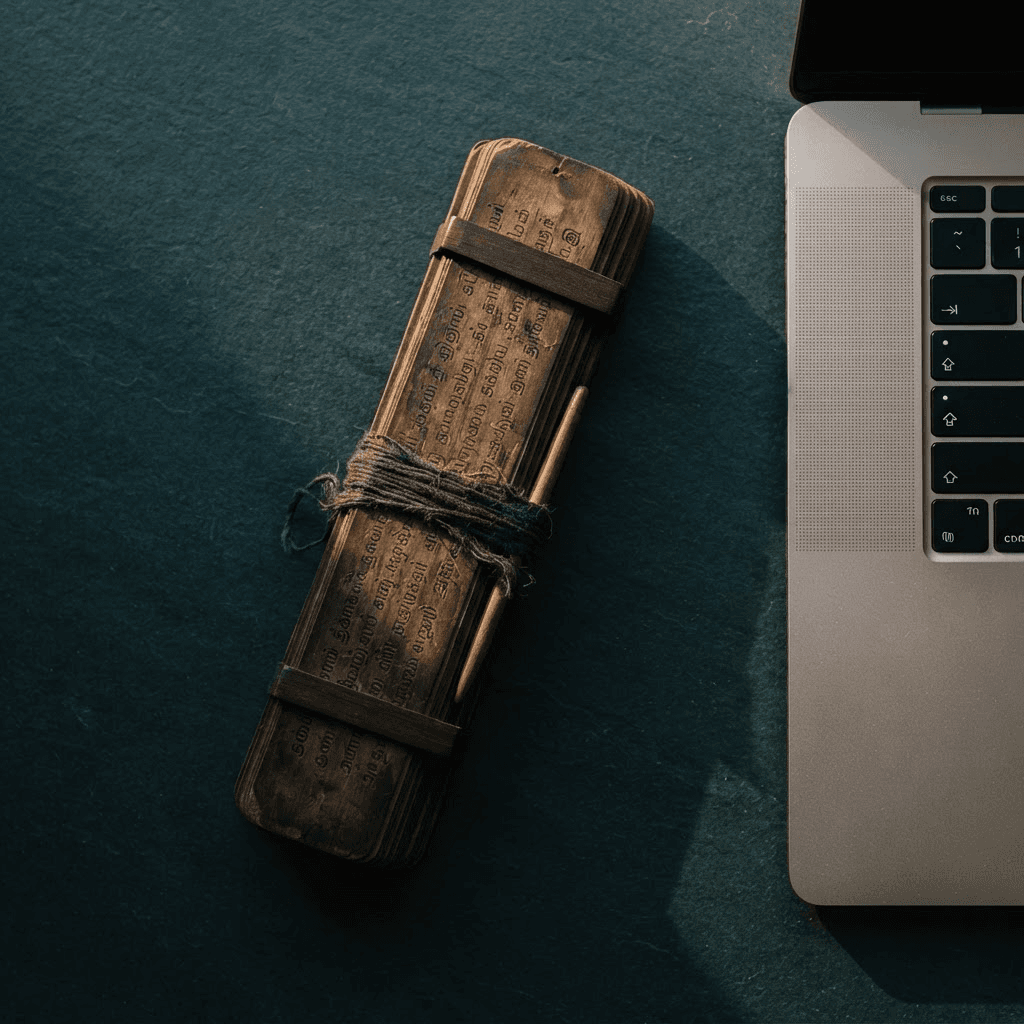 Ancient palm-leaf manuscripts beside a modern laptop — old knowledge meeting new intelligence